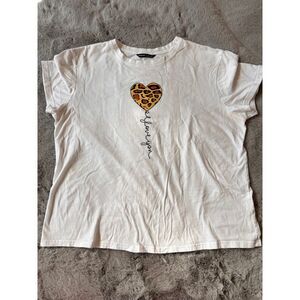 SHEIN‎ White Cotton T-Shirt Leopard Heart I Love You Graphic Print L